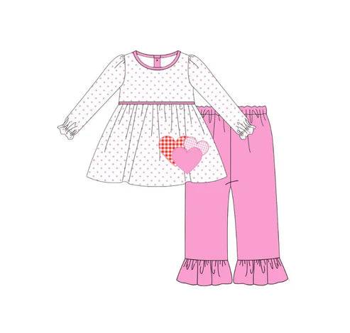 9.30 GLP2919 Baby Girls Polka Dots Hearts Tunic Ruffle Pants Valentine Clothes Sets Preorder
