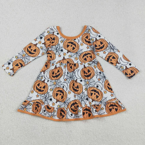 9.1 GLD1258 Baby Girls Halloween Ghost Pumpkins Plaid Ruffle Knee Length Dress