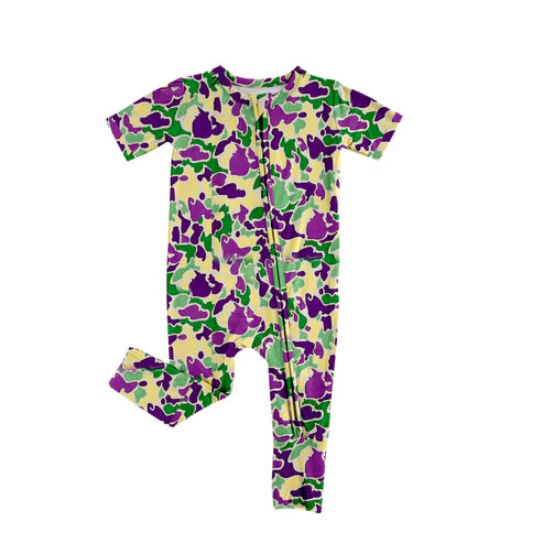 9.4  SR3211 Baby Boys Mardi Gras Camo Short Sleeve Zipper Footie Rompers Preorder