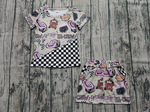 6.21 Custom Moq 3 Baby Boys Gray Short Sleeves Cartoon Cars Top Pockets Shorts Set