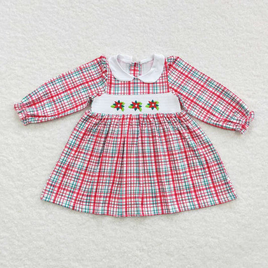 4.7  GLD0300 Girls Christmas Red Plaid Long Sleeve Dress with Embroidered Flowers