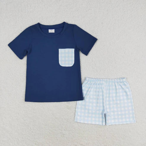 BT0705+SS0353 Boy Blue plaid pocket dark short-sleeved shorts suit