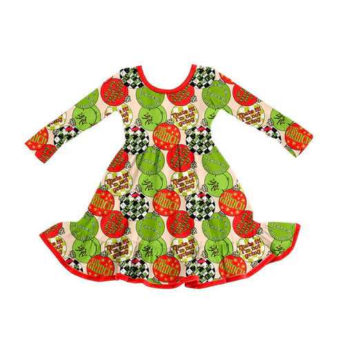 9.18 GLD1296 Baby Girls Red Green Face Lights Christmas Ruffle Knee Length Dress Preorder