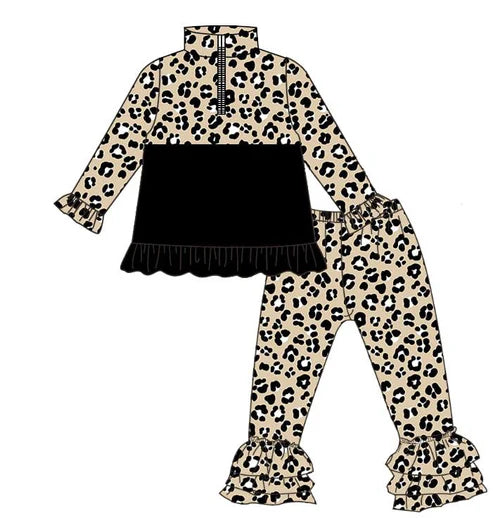 11.6 Baby Girls Black Leopard Zipper Pullovers Ruffle Pants Clothes Sets Preorder
