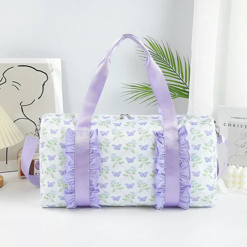 BA0293 Lavender Ruffle Butterfly Floral Print Gym Duffle Bags Preorder