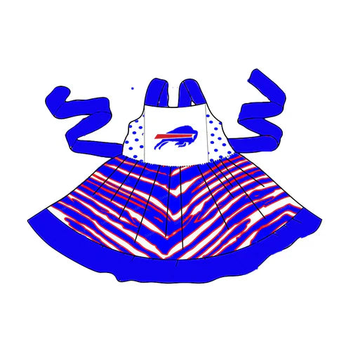 4.25 Preorder(moq 3) Baby Girls Twirl Blue Belt Team Knee Length Dresses