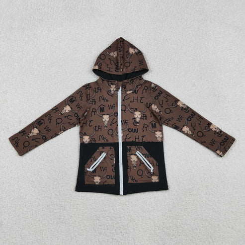 11.12 BT1337 Baby Boys Brown Bull Skulls Pocket Zipper Western Hoodies Top
