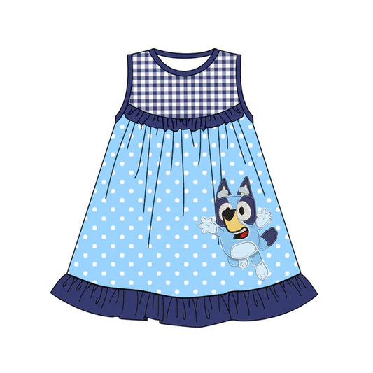 L-3.5 GSD1972 Baby Girls Blue Dots Dogs Sleeveless Knee Length Dresses Preorder