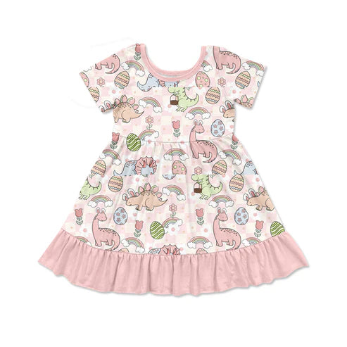 GSD1631 Baby Girls Pink Easter Dinosaurs Knee Length Dresses Preorder