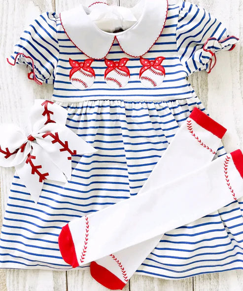 6.4 GSD1436 Baby Girls Blue Stripes Baseball Bows Knee Length Dresses Preorder