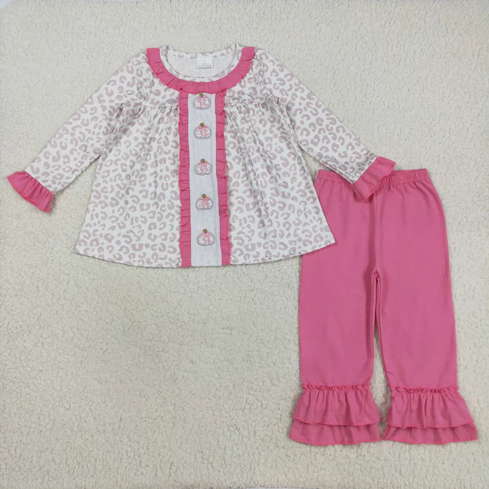 8.21 GLP2353 Embroidery Baby Girls Long Sleeves Leopard Pumpkins Tunic Ruffle Pant Set