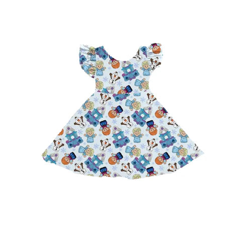 4.1 GSD2306 Baby Girls Blue Flutter Sleeves Snowmen Kids Knee Length Dresses Preorder