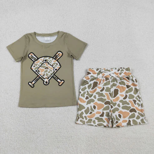 11.18 BT1423+SS0698 Baby Girls Green Orange Camo Baseball Top Pockets Shorts Team Clothes Set