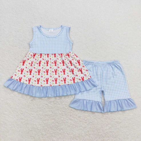 6.17 GSSO0698 Crawfish corn blue and white plaid sleeveless shorts suit