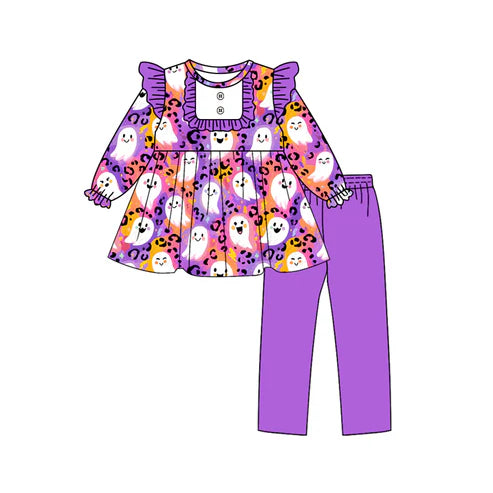 8.4 GLP2694 Baby Girls Purple Leopard Ghost Button Tunic Legging Pant Halloween Set Preorder