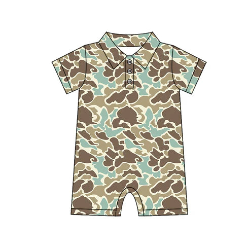 3.28 SR2978 Baby Infant Boys Short Sleeves Green Camo Button Rompers Preorder