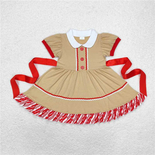L-3.3 GSD1389 Christmas doll collar striped lace red belt brown short-sleeved dress