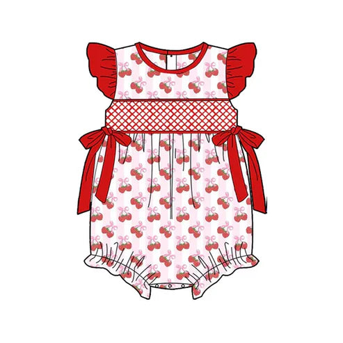 3.22 SR2927 Baby Infant Girls Red Flutter Sleeves Strawberry Stripe Bows Top Ruffle Rompers Preorder