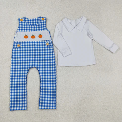 9.6 BT0820+SR1949 Embroidery Baby Infant Boys Blue Pumpkin Shirts Romper Set
