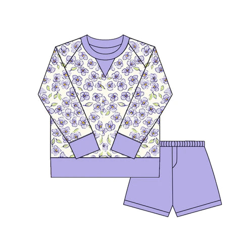 10.18  GLS0029 Baby Girls Purple Flowers Long Sleeve Top Shorts Yoga Clothes Sets Preorder