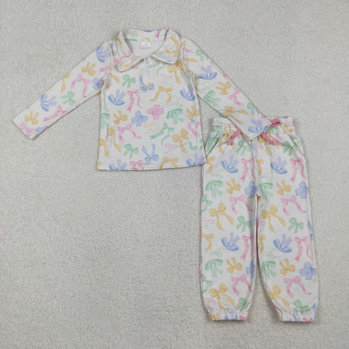 10.30 GLP2886 Baby Girls Colorful Bows Pockets Zipper Pullover Jogger Clothes Set