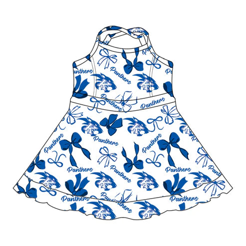 8.11 Custom Moq 5 Baby Girls Blue Bows Panthers Short Ruffle Team Knee Length Dresses