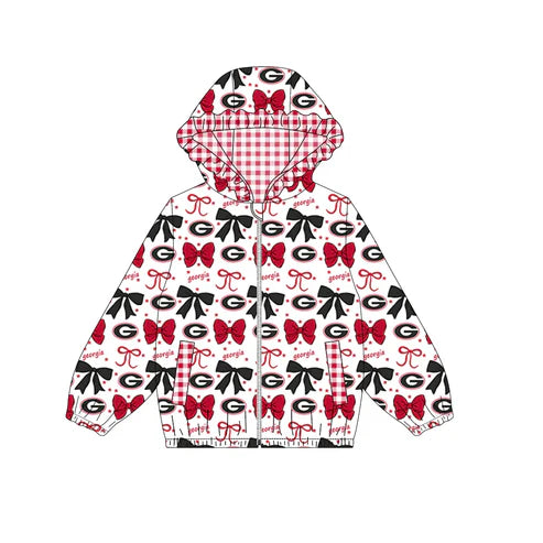 9.6 Custom Moq 5 Baby Girls Red Georgia Bows Zip Ruffle Hooded Cardigan Jackets Tops