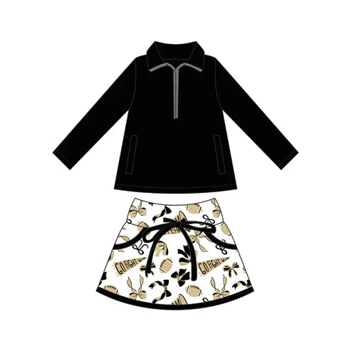 8.11 Custom Moq 5 Baby girls Black Pullover team Tee Shirts Golden Skorts Clothes Sets