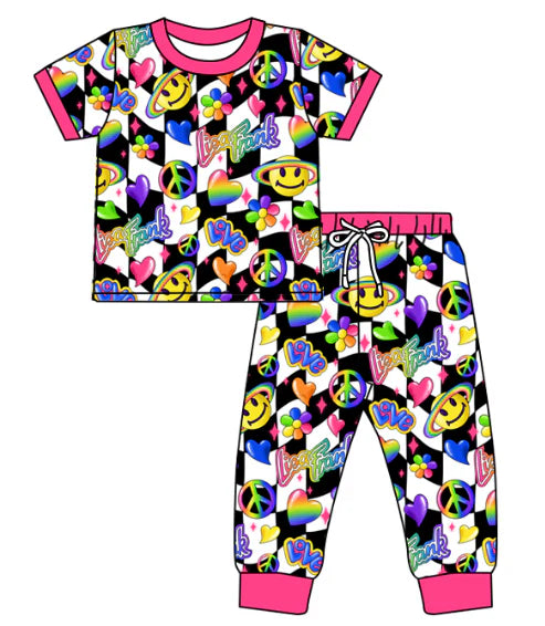 5.8 Black and white checkered rainbow short-sleeved pantsuit for girls