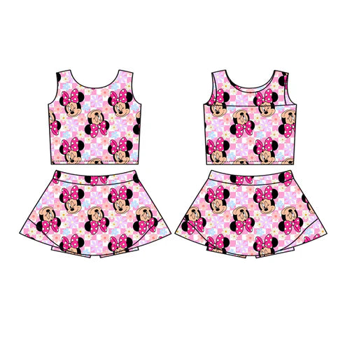 4.18 GSD2460 Baby Girls Sleeveless Pink Plaid Cartoon Mouse Top Skort Yoga Set Preorder
