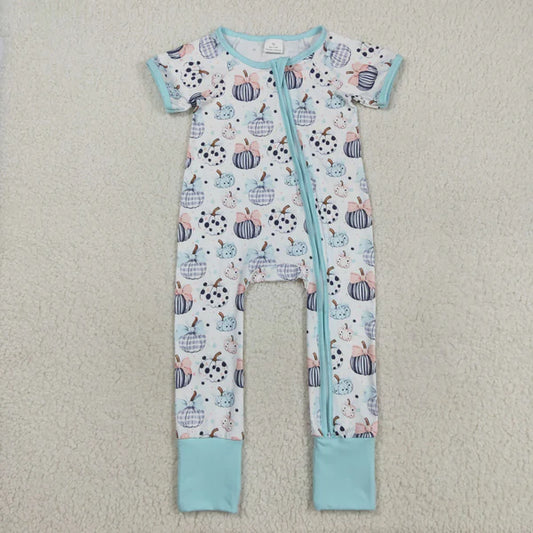 8.18 SR3109 Baby Infant Girls Blue Short Sleeves Bows Pumpkins Zipper Romper