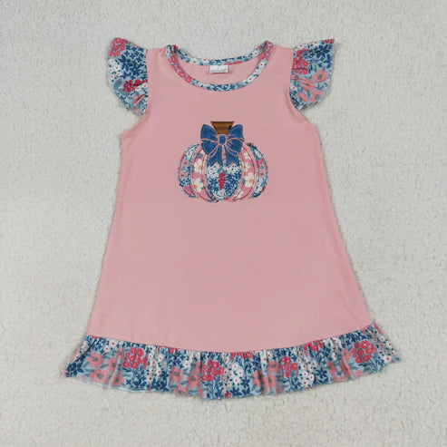 6.27 GSD2585 Embroidery Baby Girls Pink Flutter Sleeves Floral Pumpkin Ruffle Knee Length Dress