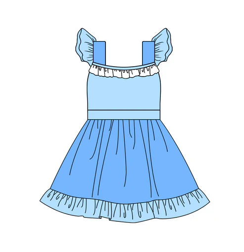 4.12 GSD2393 Baby Girls Blue Flutter Sleeves Patchwork Knee Length Dresses Preorder