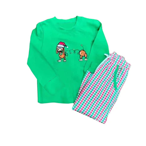 6.3 BLP0985 Baby Boys Christmas Puppy Green Plaid Pants Clothes Sets Preorder
