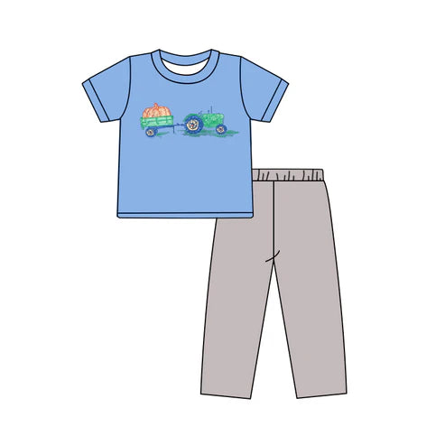 5.20 BSPO0571 Baby Boys Blue Short Sleeves Truck Pumpkins Top Pant Set Preorder