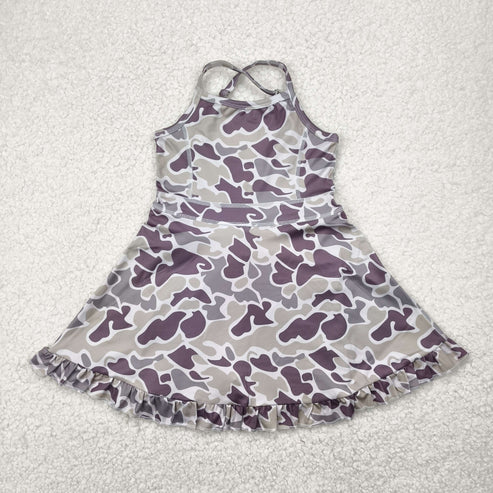 5.2  GSD2312 Baby Girls Strap Purple Camo Yoga Ruffle Knee Length Dress