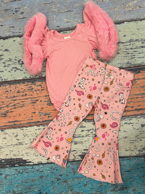 3.14 SR0583+P0407 Baby Girls Pink Velvet Western Doll Denim Pants Clothes Set