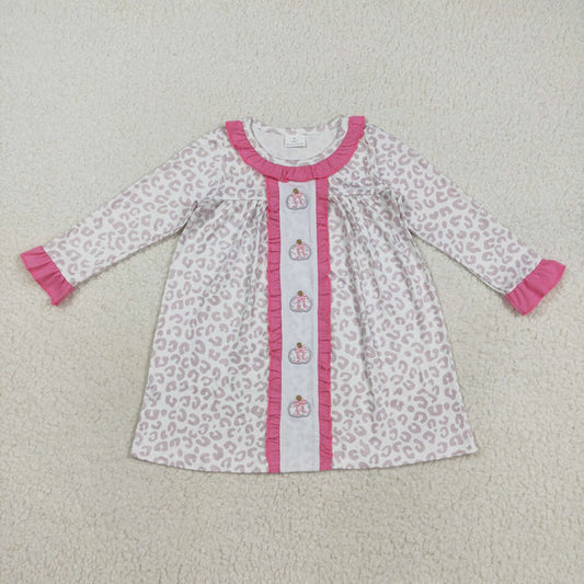 8.18 GLD1054 Embroidery Baby Girls Long Ruffle Sleeves Leopard Bows Pumpkins Knee Length Dress