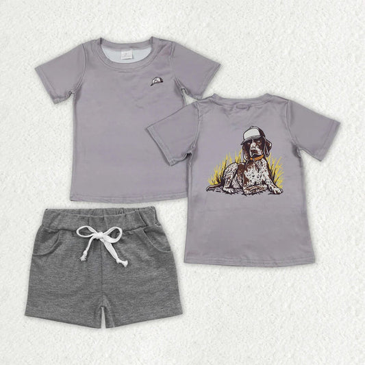 L-3.6 BT1149+SS0133 Baby Boys Grey Dogs Hunting Shirt Shorts Clothes Set