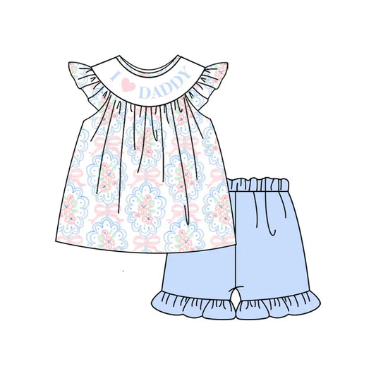3.23 GSSO2407 Baby Girls Flutter Sleeves I LOVE DADDY Floral Bows Tunic Blue Ruffle Short Set Preorder