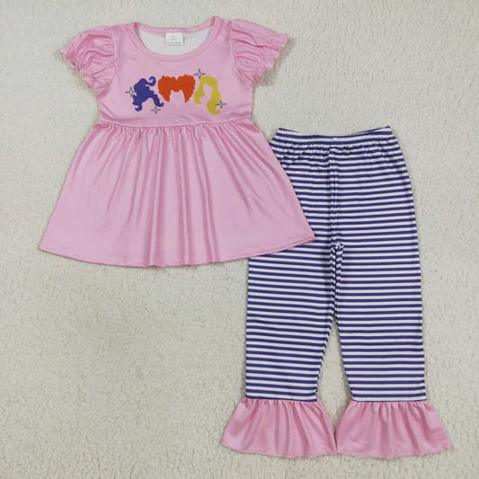 8.2 GSPO2043 Baby Girls Pink Short Ruffle Sleeves Princess Hair Tunic Stripe Ruffle Pant Set