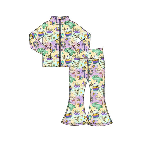10.28 GLP3031 Baby Girls Mardigras Anchors Crocodiles Zipper Jacket Bell Bottom Pants Yoga Clothes Sets Preorder