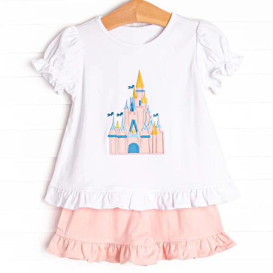 L-3.5 GSSO2128 Baby Girls Castle Short Sleeve Top Ruffle Shorts Clothes Sets Preorder