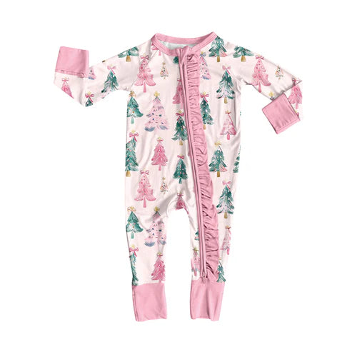 8.5 LR2544 Baby Girls Christmas Trees Bows Plaid Ruffle Zipper Footie Rompers Preorder