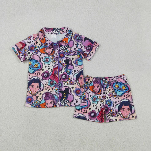 12.3 GSSO2753 Baby Girls Flowers Cartoon Girls Button Pocket Top Shorts Pajamas Set