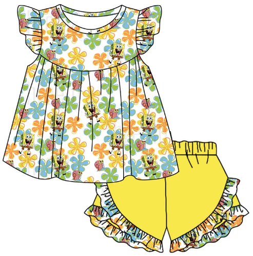 5.7 Cartoon yellow short sleeve shorts suit for girls
