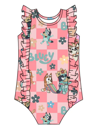 5.8 Two-piece pink plaid cartoon dog swimsuit for girls
