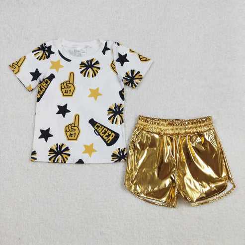 GT0939+SS0417 Baby Girls Cheer Golden Team Tops Leather Shorts Clothes Set