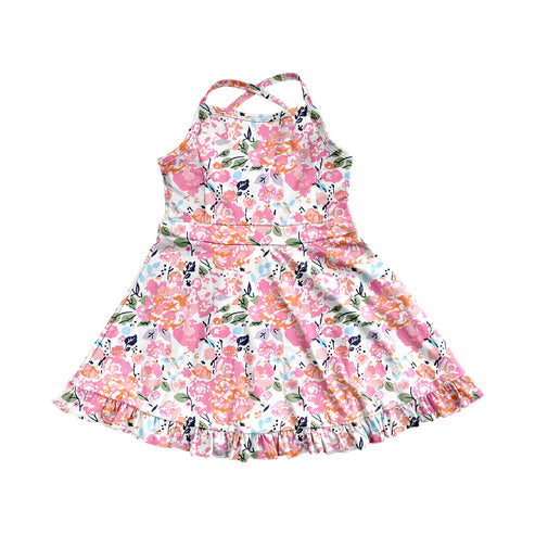 3.31 GSD2286 Baby Girls Peach Strap Watercolor Floral Yoga Ruffle Knee Length Dresses Preorder