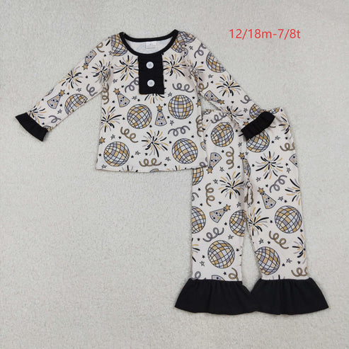 10.10 GLP2563 Baby Girls Long Ruffle Sleeves Birthday's Hats Button Top Pant Pajamas Set
